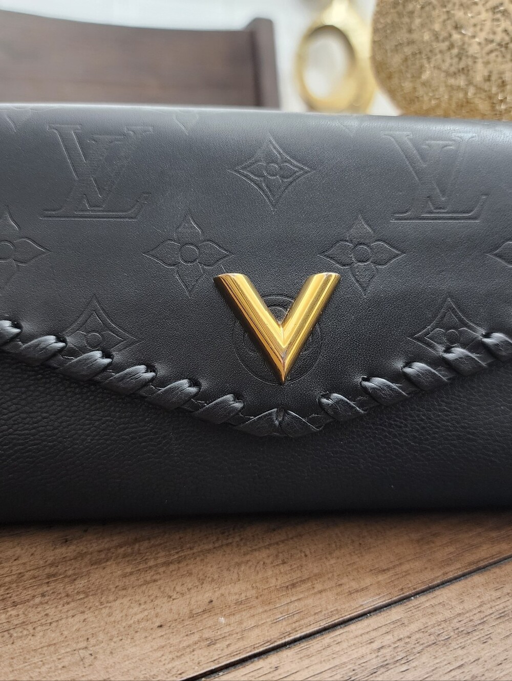 Louis Vuitton Black Monogram Empreinte Clutch with Gold V Accent COA Included